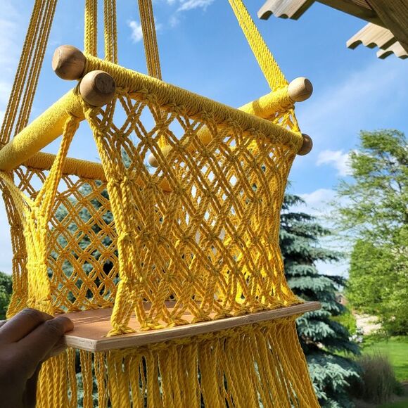 Small Macrame Crochet Cotton Yellow Plant Holder Chair Decor Earthy - Picture 3 of 10